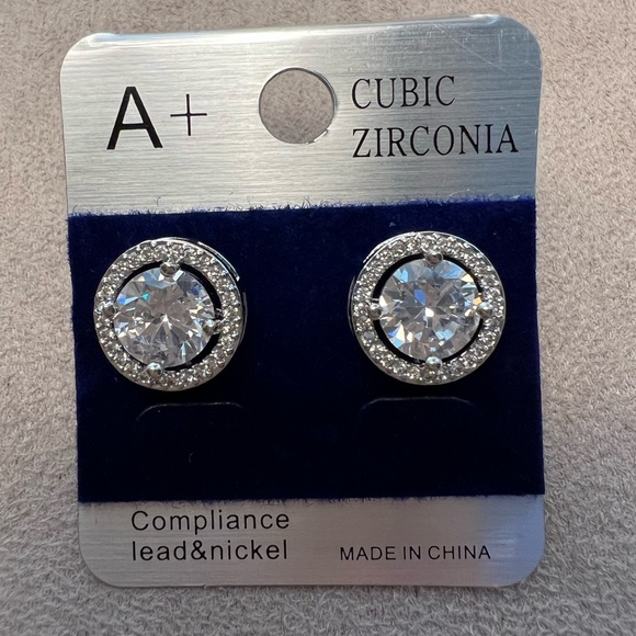 Cubic Zirconia Halo Stud Earrings - Silver Tone NWT - Picture 4 of 4